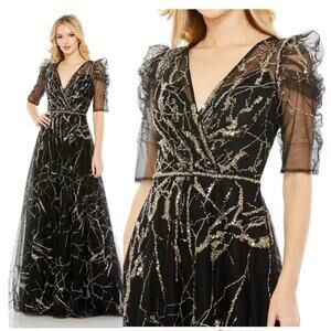 Mac Duggal 20428 Black 4 Embellished Puff Short Sleeve Formal Maxi Gown Dress